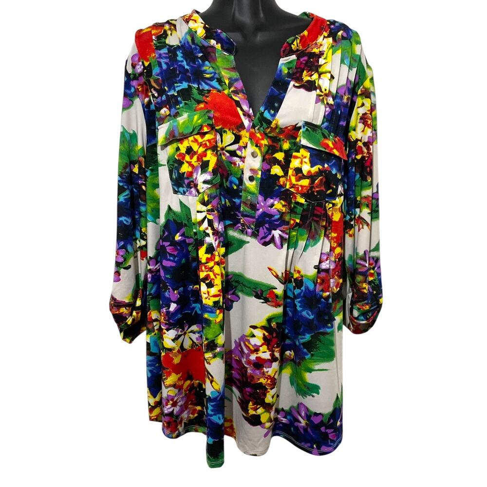 Cocomo Womens Blouse Size 2X Floral Pintuck Stretch Pullover Rolled Tab Sleeves